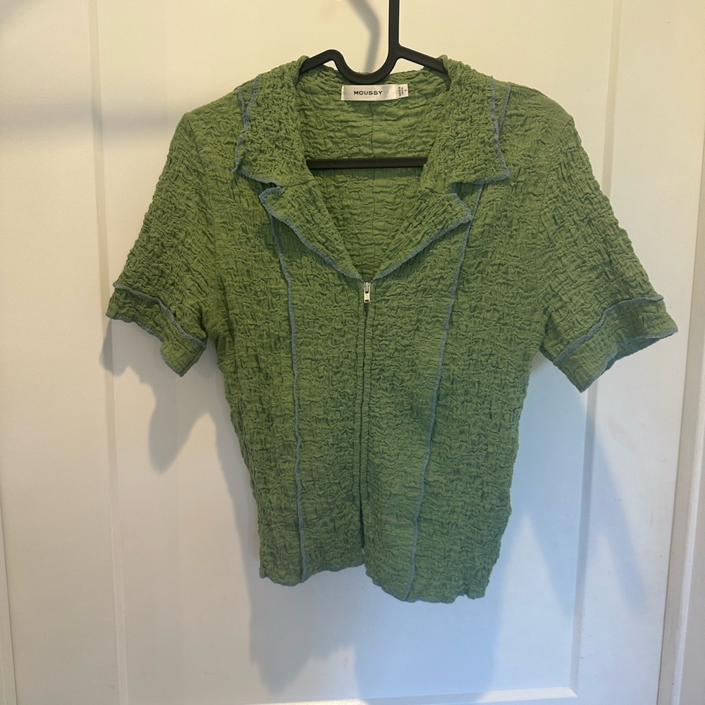 MOUSSY Green Textured Short Sleeve Zip-Up Top from Japan